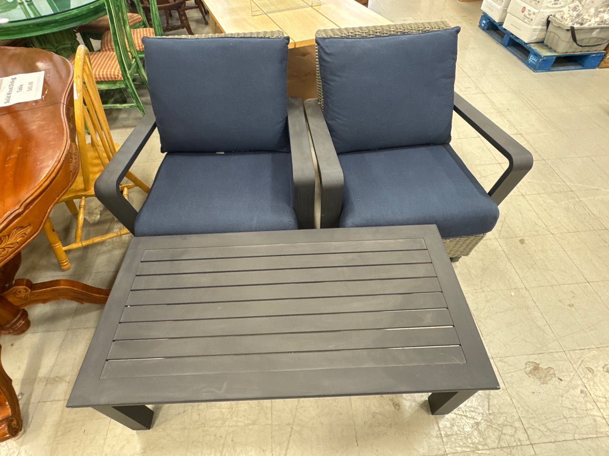 4 Pieces Patio Set Features Dark Navy Blue Cushions and a Grey Wicker Frame