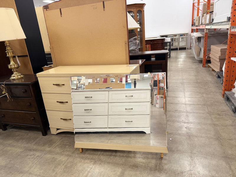 Light Colored Veneer 6 Drawer Dresser with Matching Mirror