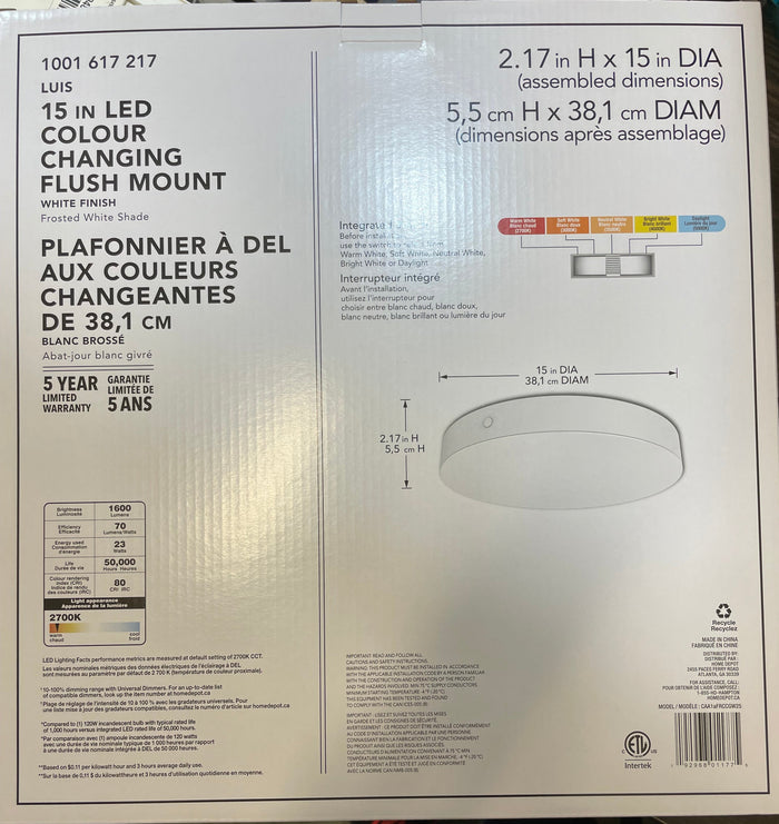 15-inch LED Flush Mount Ceiling Fixture - White Finish and Frosted White Shade