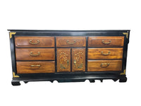 Burl Wood Dresser with Tri-Fold Mirror & Bird & Floral Motifs