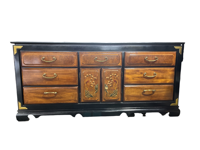 Burl Wood Dresser with Tri-Fold Mirror & Bird & Floral Motifs
