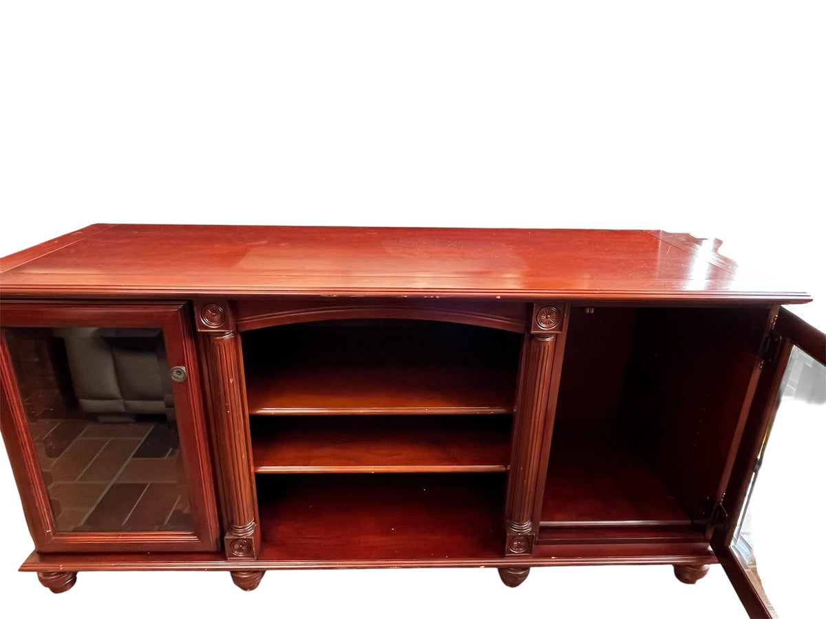 Cherry Wood Media Console Table With Glass Door Cabinets