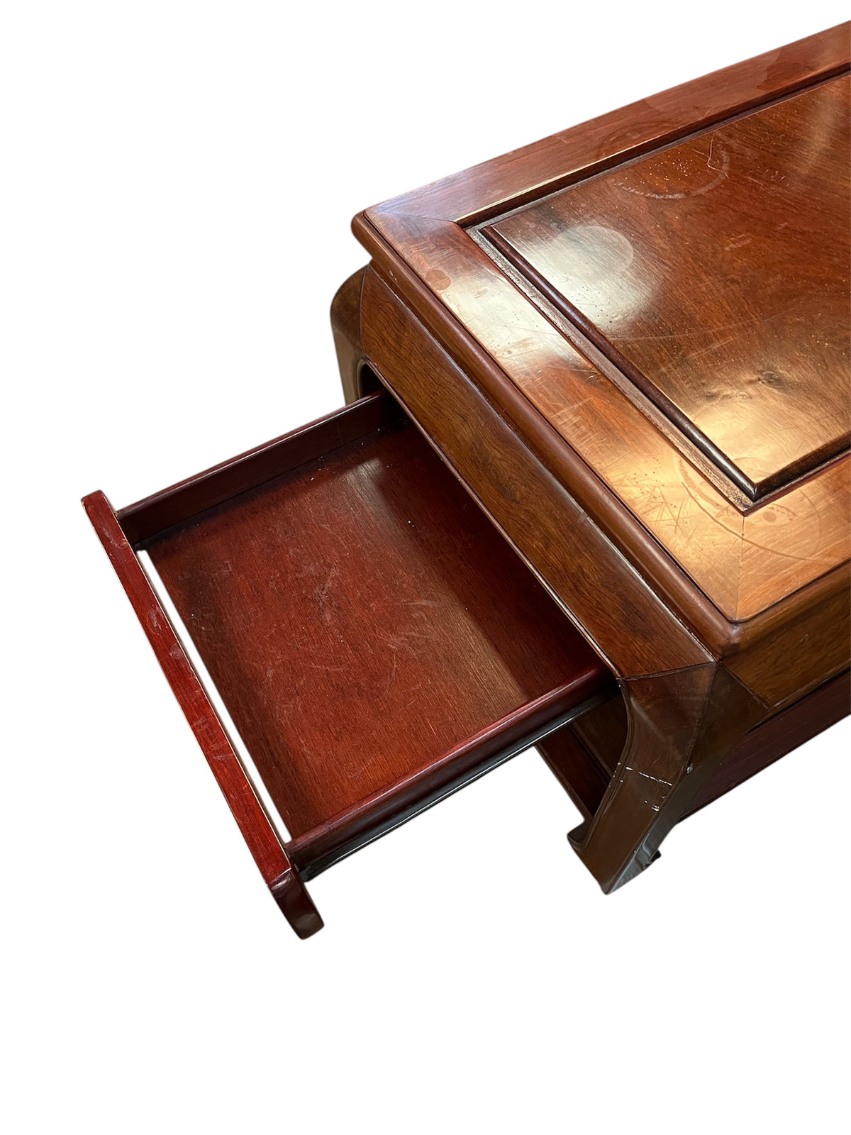 Red Tone Side Table with Carvings and Lower Shelf