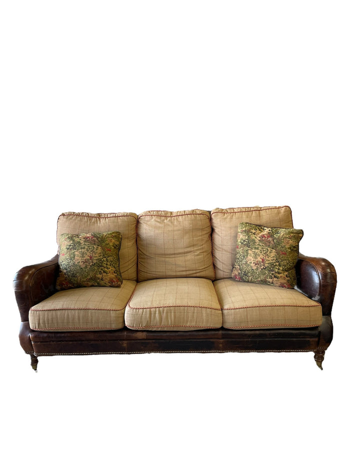 Distressed Leather Sofa With Upholstered Cushions