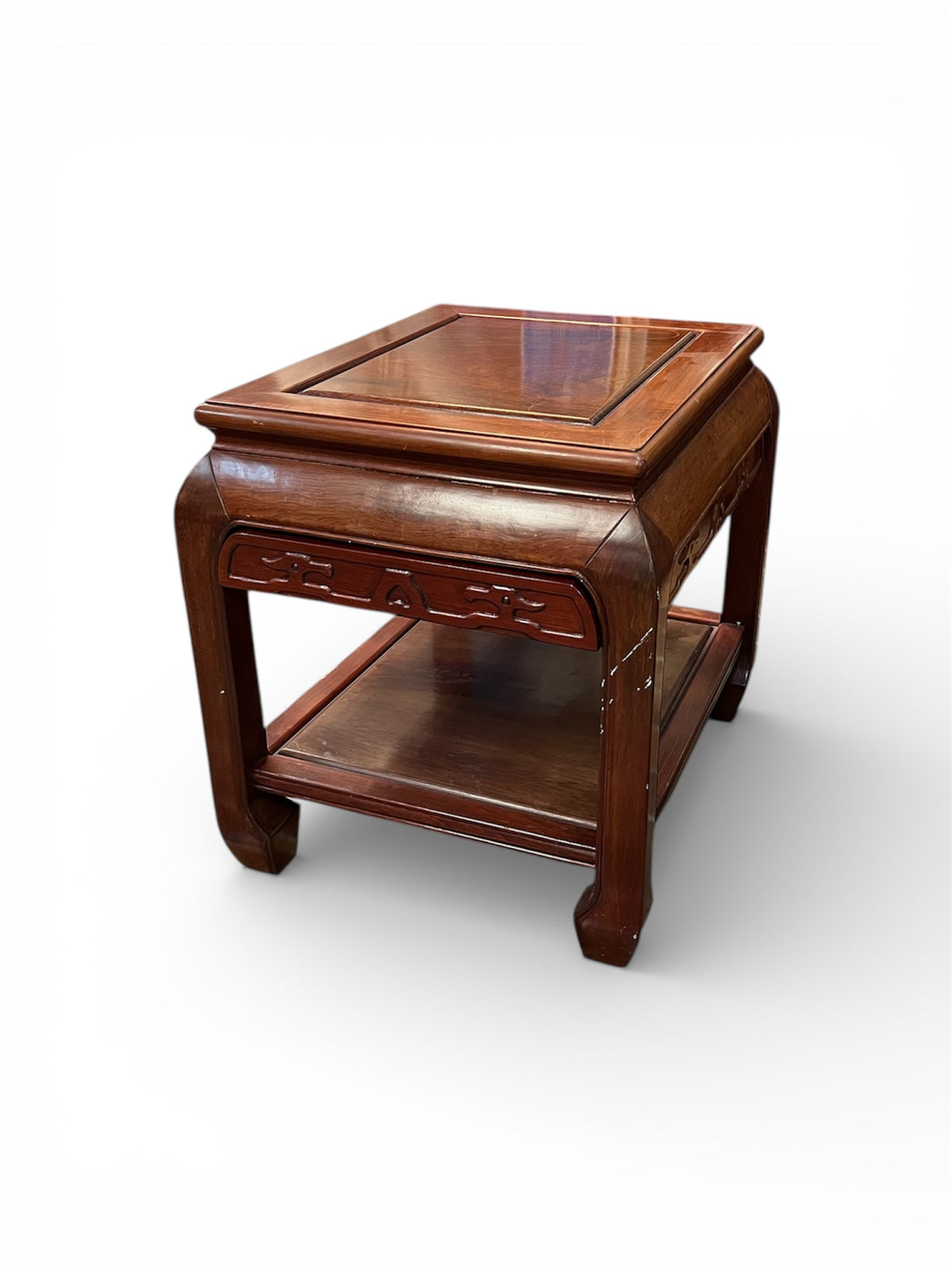 Red Tone Side Table with Carvings and Lower Shelf