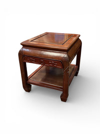 Red Tone Side Table with Carvings and Lower Shelf