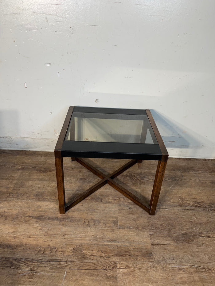 Contemporary Glass & Leather Top Side Table With Cross Base