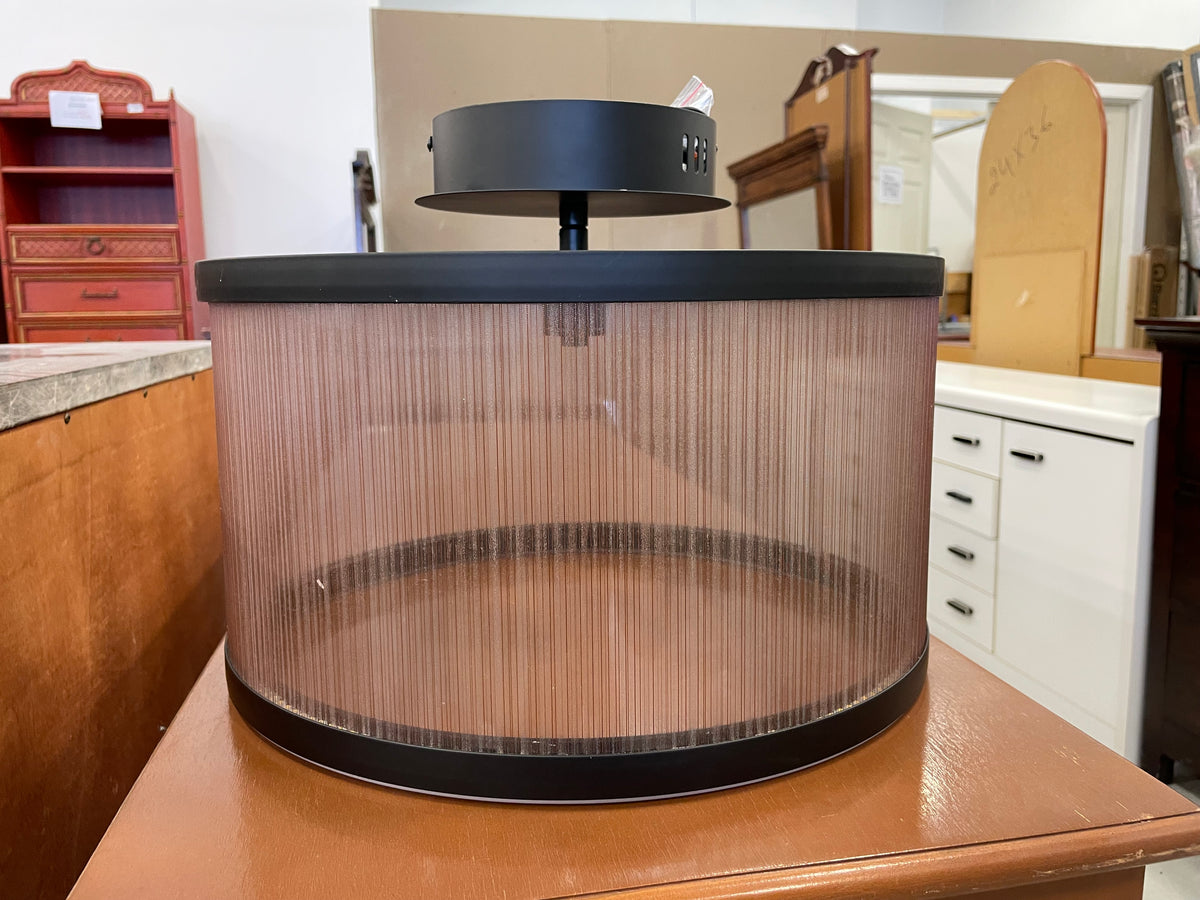 Round Black Metal Frame LED with Fine Brown Pinstripe Shade