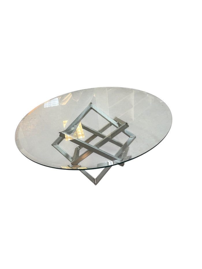 Round Glass Coffee Table with Square Metal Base