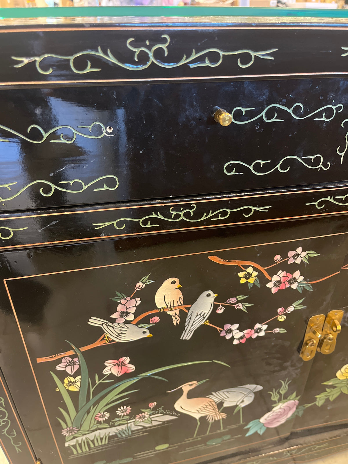 Asian-inspired black lacquer altar/hall cabinet