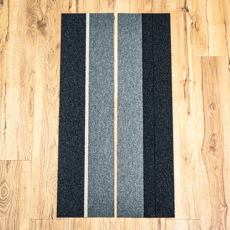 9.84" x 39.36" Striped Carpet Tiles in Modern Grey and Black - 20 pcs (53.8 sq. ft./box)