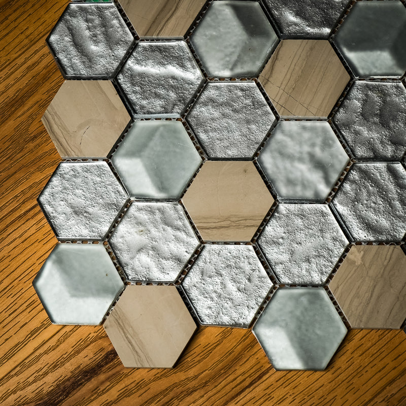 1.875" Hexagon Glossy Glass and Stone Mosaic Tile – 10 sq. ft. (10 per box)