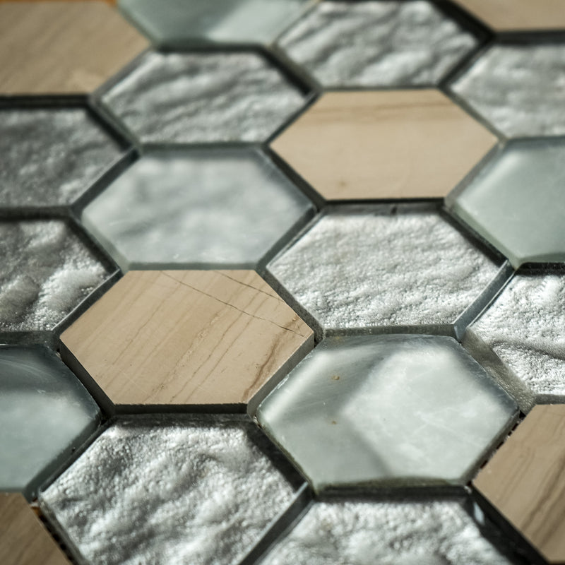 1.875" Hexagon Glossy Glass and Stone Mosaic Tile – 10 sq. ft. (10 per box)