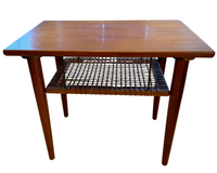 Mid-Century Modern Teak Side Table with Woven Rattan Shelf – Danish Style