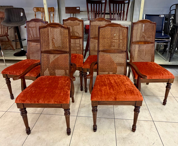Set of 6 Vintage Hollywood Regency Caned High-Back Dining Chairs in Burnt Orange Velvet