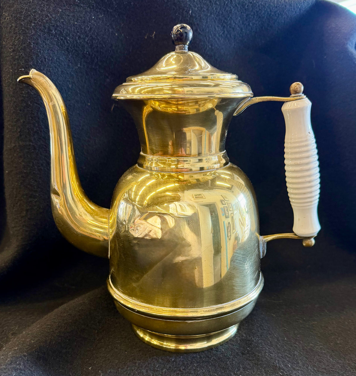Vintage Solid Brass Coffee Pot / Teapot with White Ceramic Ribbed Handle