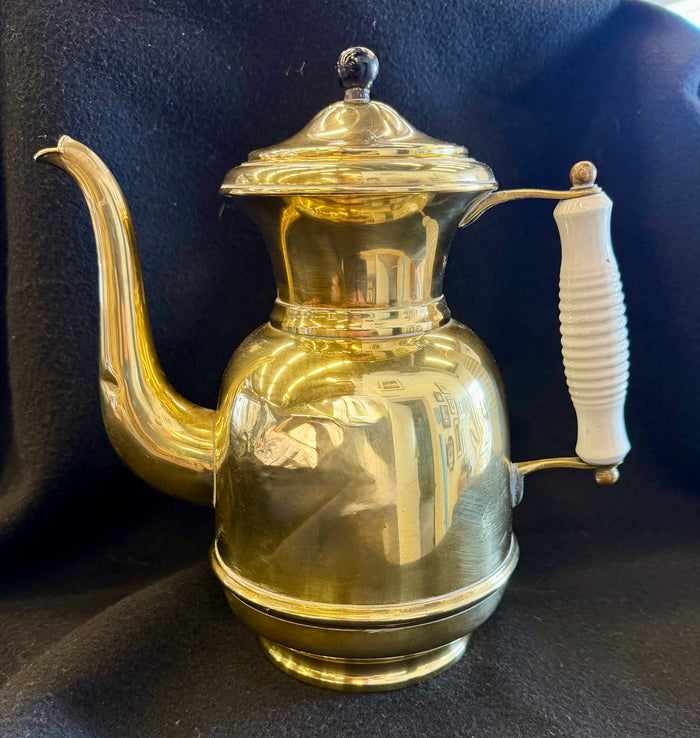 Vintage Solid Brass Coffee Pot / Teapot with White Ceramic Ribbed Handle