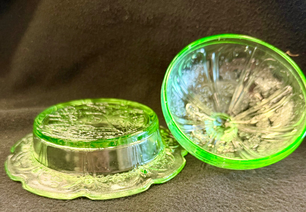 Glowing Vintage Uranium Glass Covered Cheese or Butter Dish