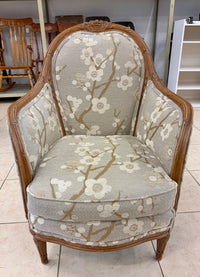 French Louis XVI Style Floral Jacquard Bergère Accent Armchair with Carved Wood