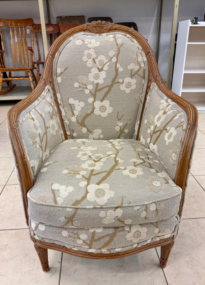 French Louis XVI Style Floral Jacquard Bergère Accent Armchair with Carved Wood