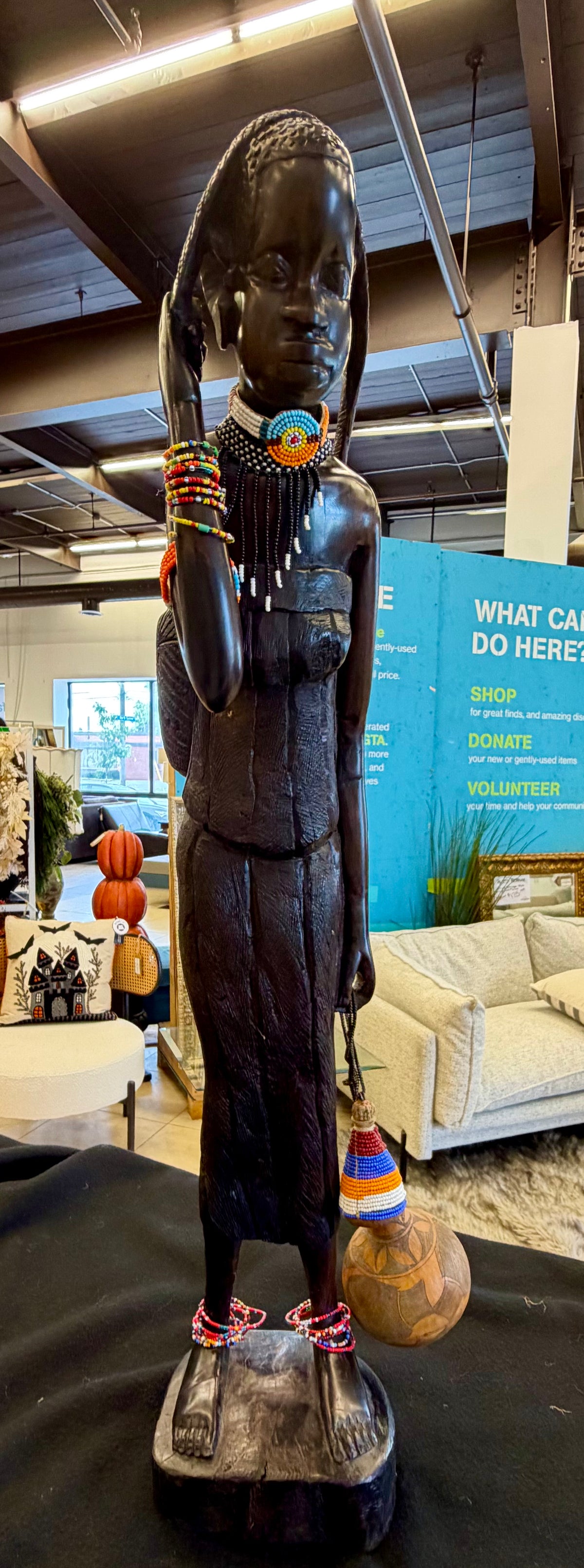 Hand-Carved Wooden African Woman Figurine with Traditional Gourd and Vibrant Beadwork