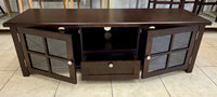 Sturdy Espresso Media Console with Glass Cabinet Doors and Center Drawer