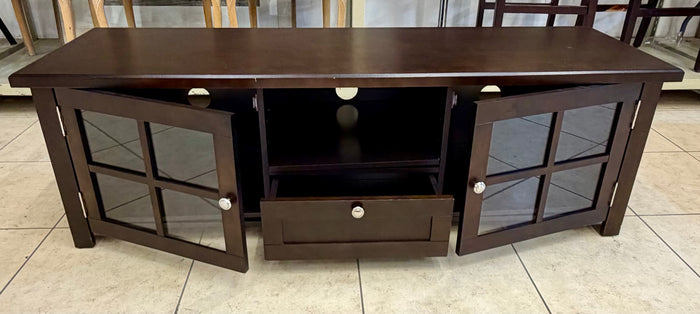Sturdy Espresso Media Console with Glass Cabinet Doors and Center Drawer
