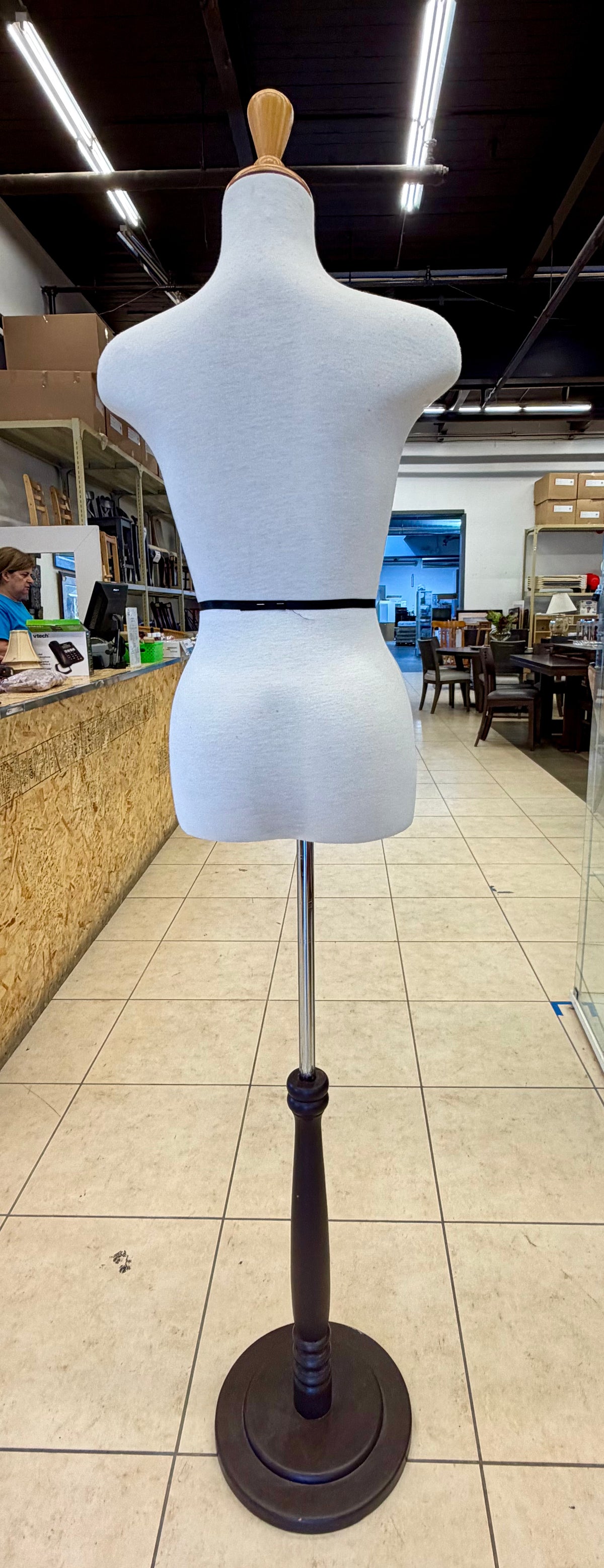 Vintage Cream Fabric Dressmaker Mannequin Tailor's Dummy on Dark Wood Pedestal Stand
