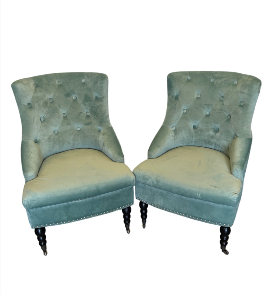 2-Piece Sea Blue Velvet Accent Chairs with Wooden Legs