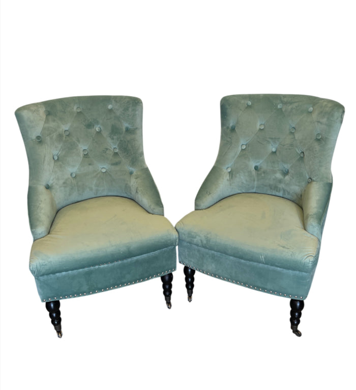 2-Piece Sea Blue Velvet Accent Chairs with Wooden Legs
