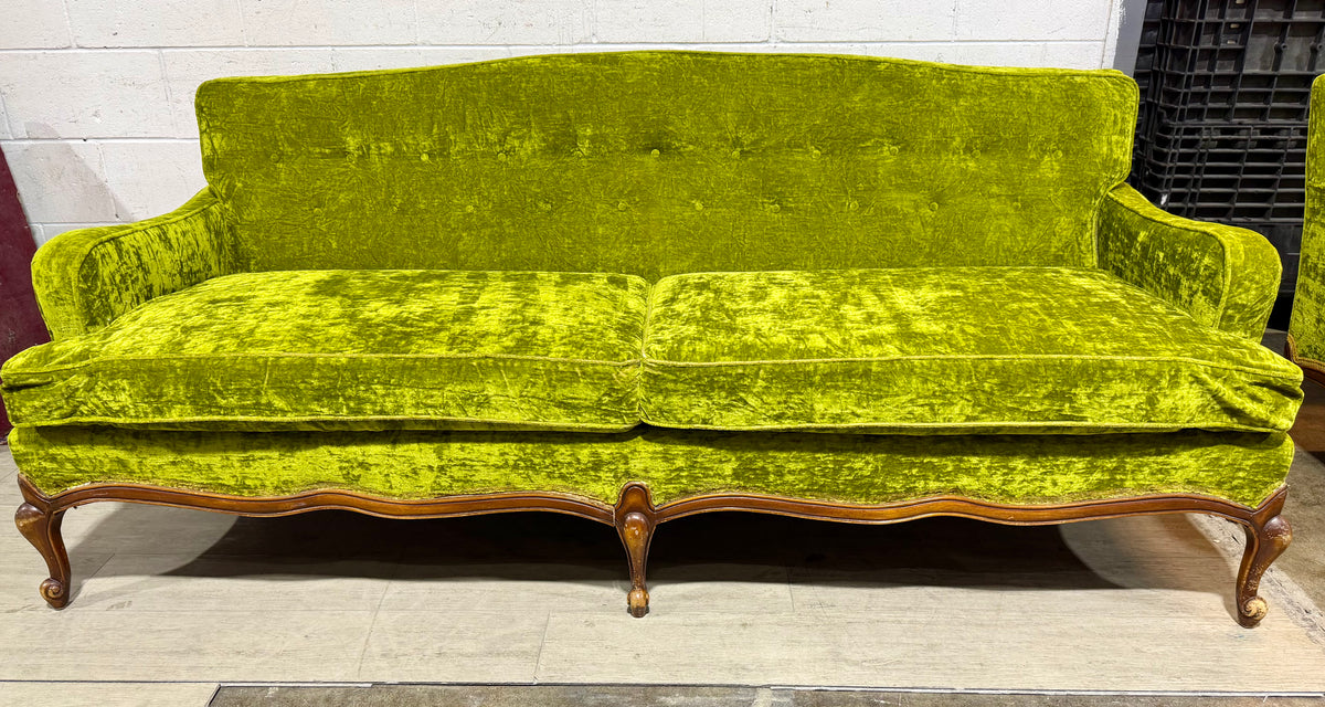 Mid-Century Hollywood Regency Chartreuse  Green Velvet Sofa