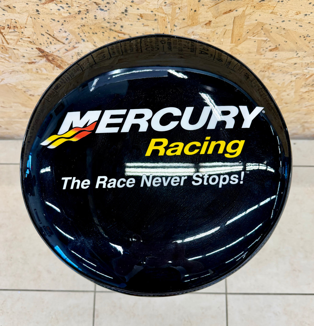 Official Mercury Racing "The Race Never Stops!" Chrome & Vinyl Bar Stool