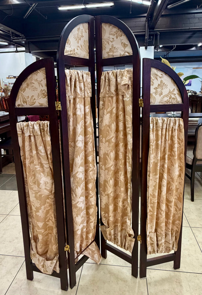 AS IS Arched 4-Panel Folding Room Divider Screen with  Damask Fabric Panels & Curtains Used as a Theatre Set Prop