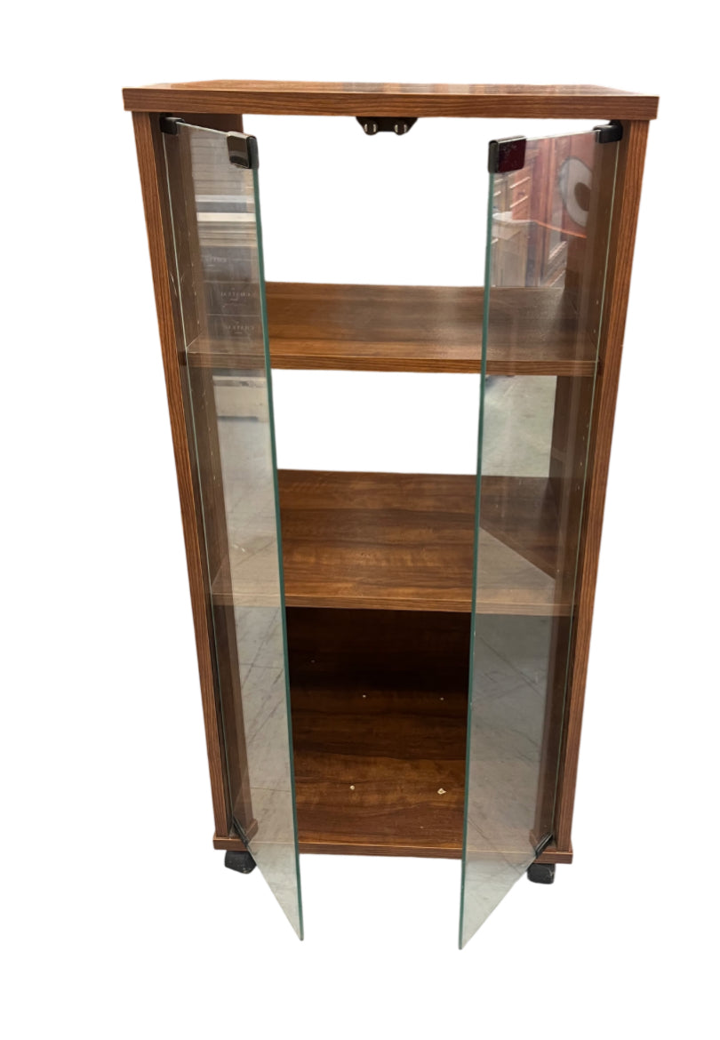 Wood Grain Rolling Cabinet with Glass Doors