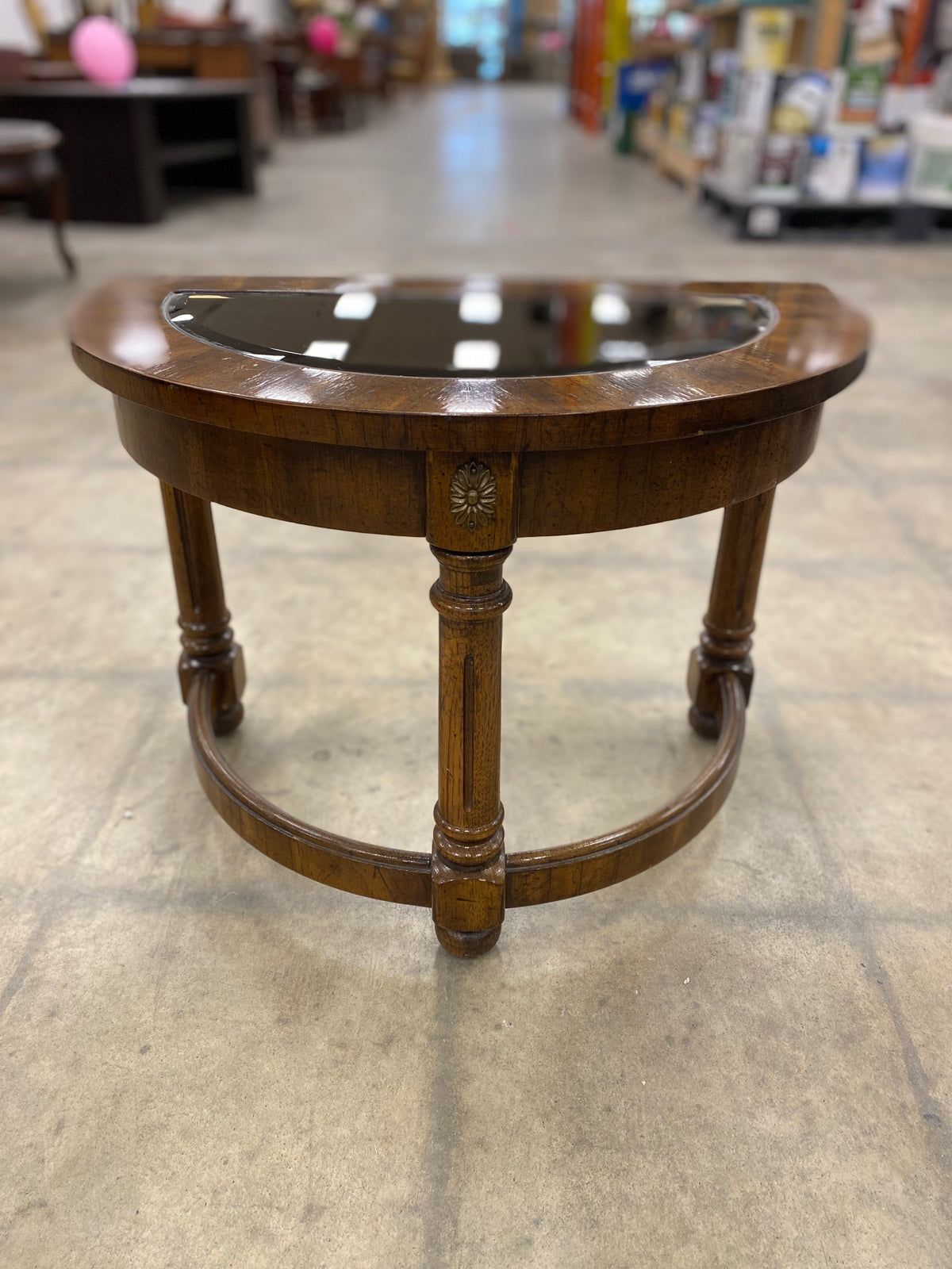 Walnut Half-Round Side Table with Glass Top