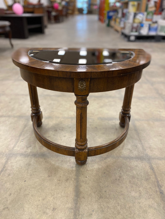 Walnut Half-Round Side Table with Glass Top