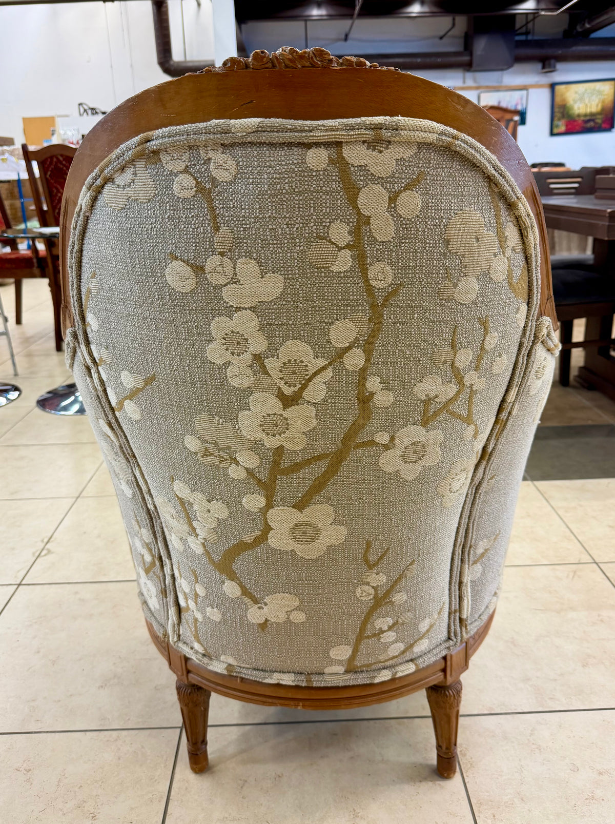 French Louis XVI Style Floral Jacquard Bergère Accent Armchair with Carved Wood