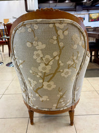 French Louis XVI Style Floral Jacquard Bergère Accent Armchair with Carved Wood