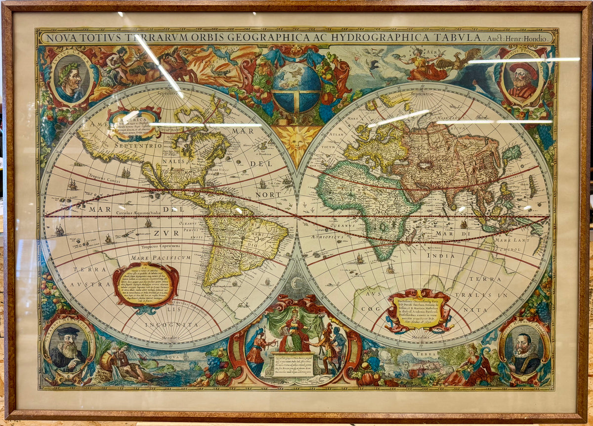 Vintage Framed Jodocus Hondius 1608 World Map Print Published by Perly's Variprint Toronto