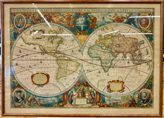 Vintage Framed Jodocus Hondius 1608 World Map Print Published by Perly's Variprint Toronto