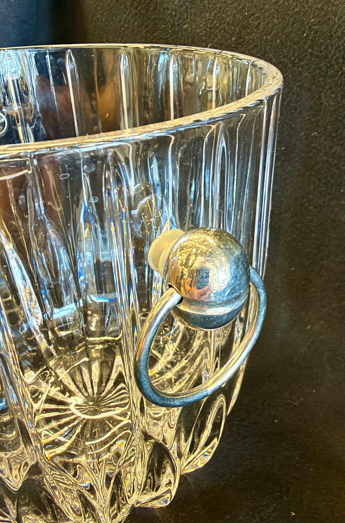 Vintage Heavy Cut Glass Ice Bucket — Radiant Fluted Crystalline Design with Metal Ring Handles