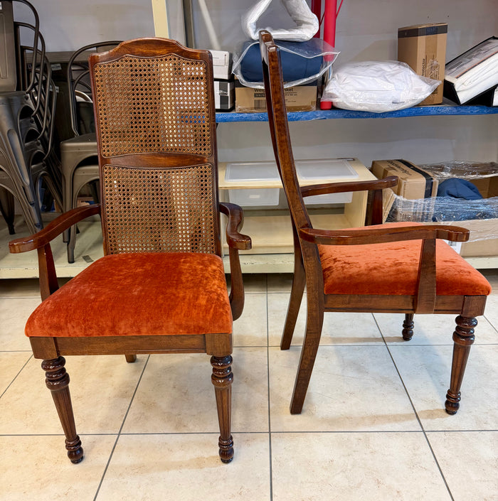 Set of 6 Vintage Hollywood Regency Caned High-Back Dining Chairs in Burnt Orange Velvet