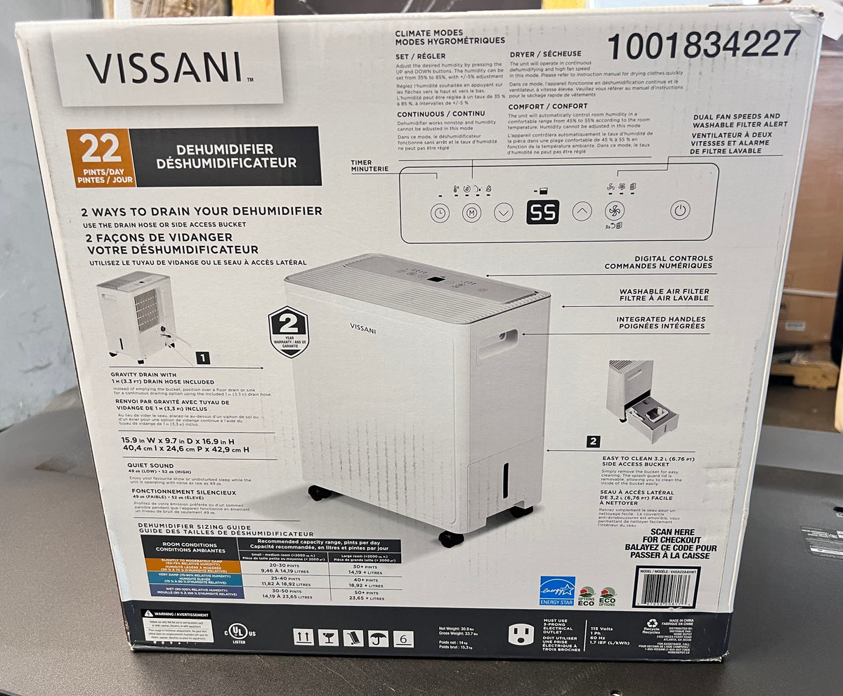 Vissani 22 Pint Capacity Portable Dehumidifier, 1,500 Sq. Ft. Coverage