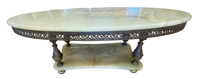 Stunning Vintage Green Onyx and Brass Coffee Table with Lower Shelf