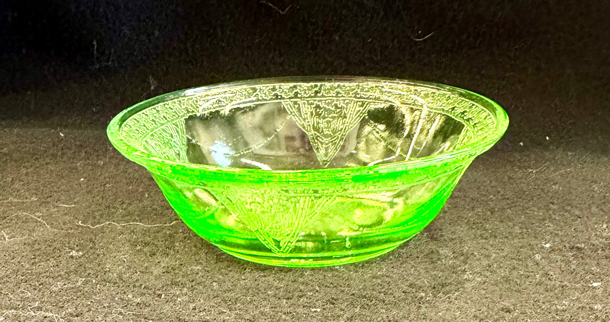 Vintage Art Deco Etched Green Uranium Glass Multi-Piece Set (Bowl, Tumbler, and Stand)