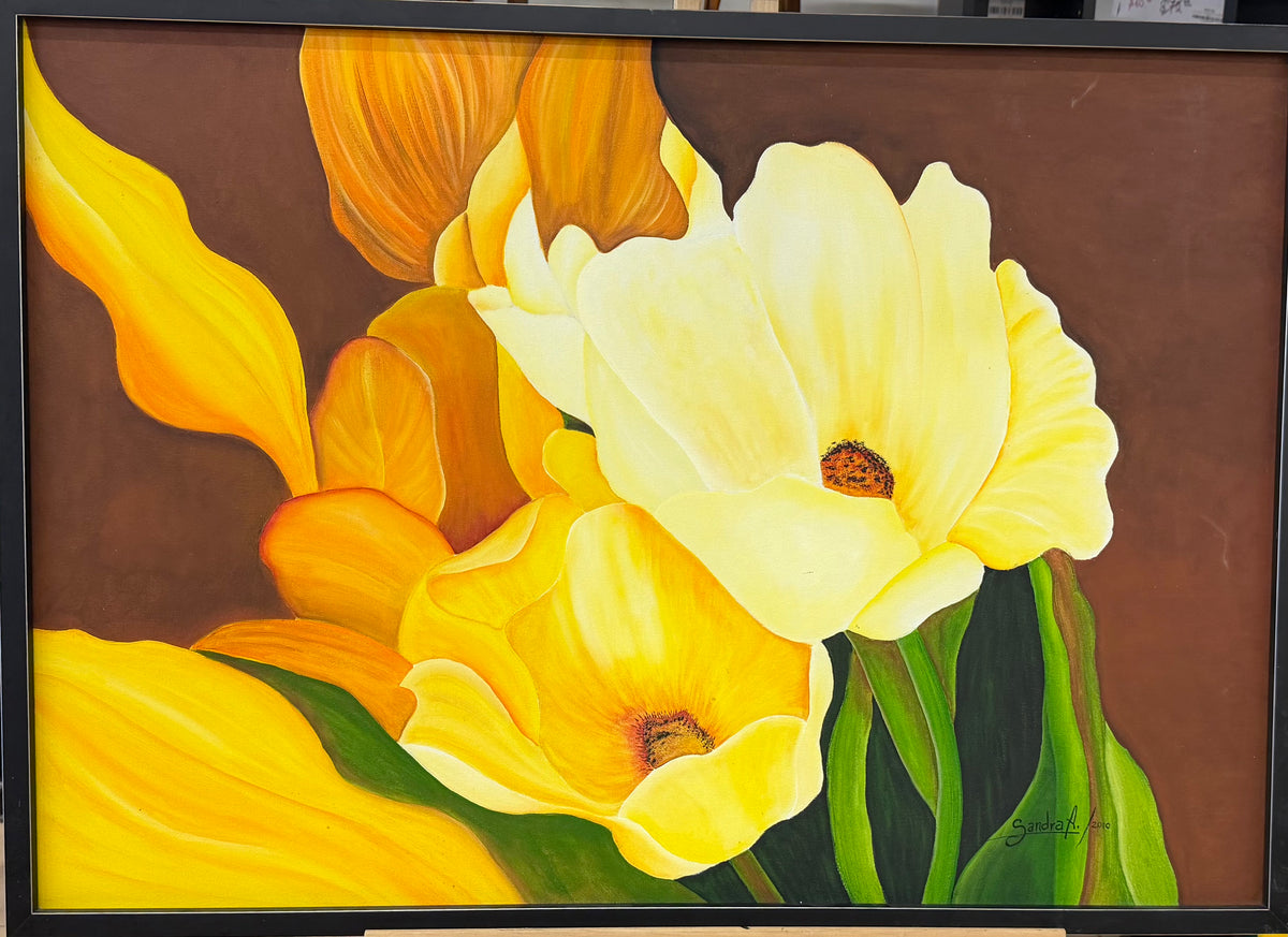 Radiant Golden Blooms: Original 2010 Floral Canvas by Sandra A.