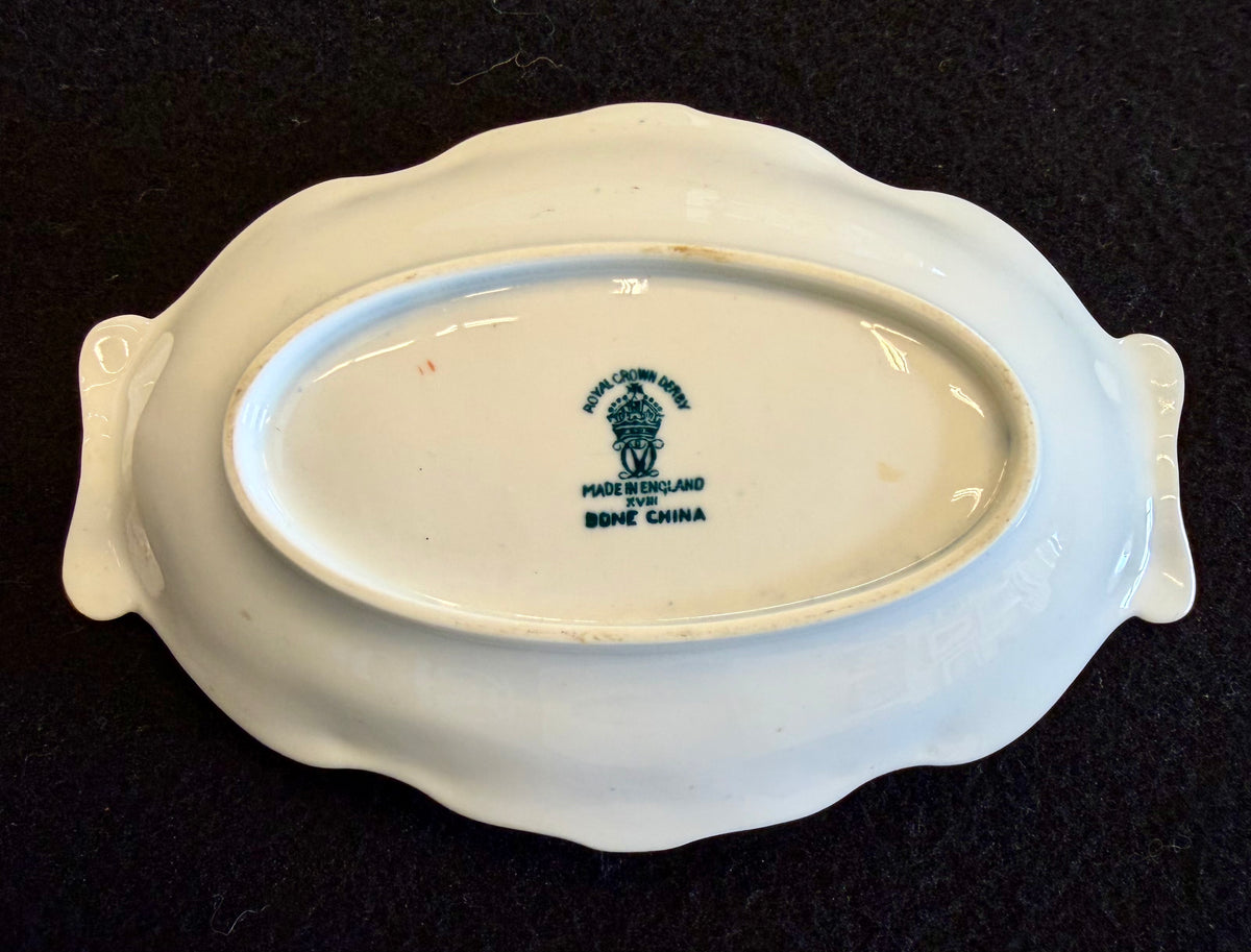 Vintage Royal Crown Derby Blue & White Chinoiserie Covered Sugar Bowl & Matching Scalloped Pickle Dish Set - Made in England