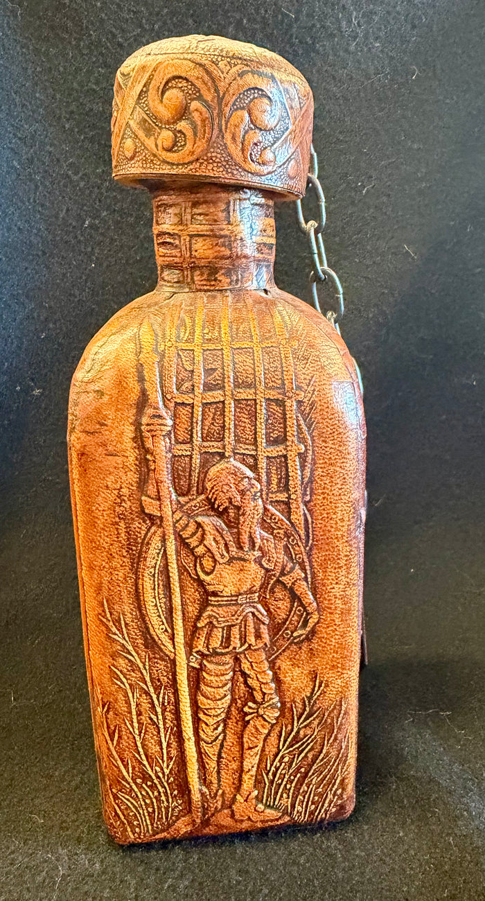 Vintage Hand-Tooled Spanish Leather Don Quixote & Sancho Panza Flask Bottle