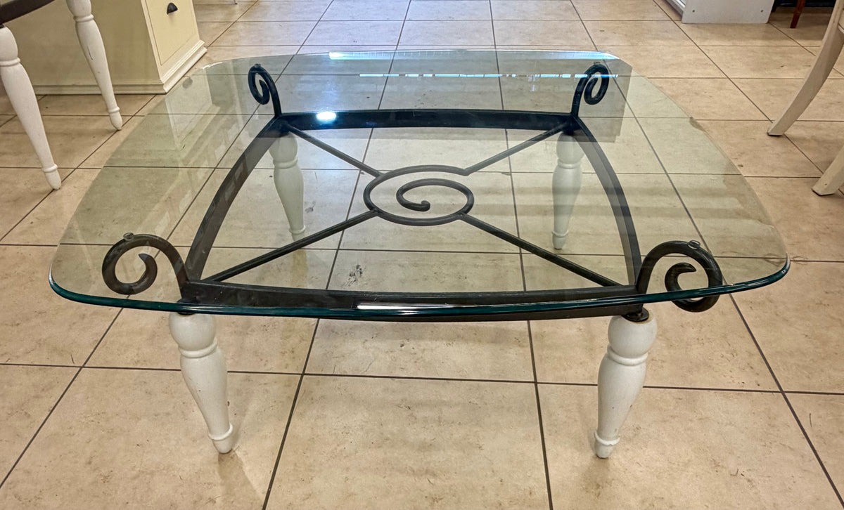 French Country Cottage Wrought Iron & Turned Wood Square Glass Coffee Table