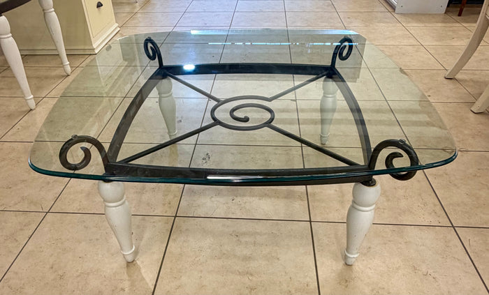 French Country Cottage Wrought Iron & Turned Wood Square Glass Coffee Table